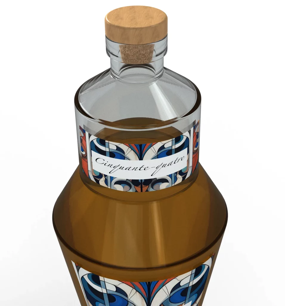 Bouteille Cinquante-Quatre par EMART Design - design contemporain pour une liqueur à base d’Armagnac destinée au marché américain.