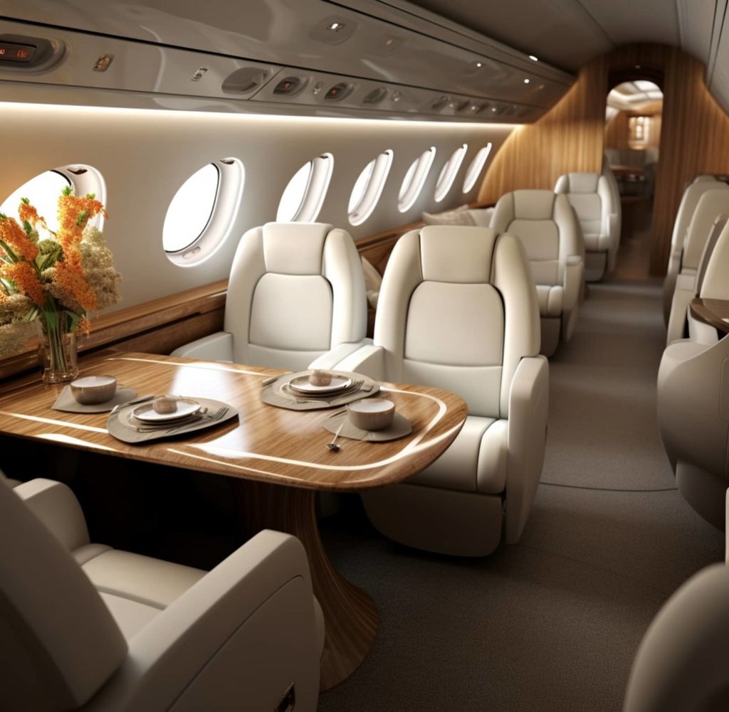 Aménagement intérieur du jet Dassault F7X par EMART Design - design inspiré des années 70 revisité avec élégance et technologies modernes.