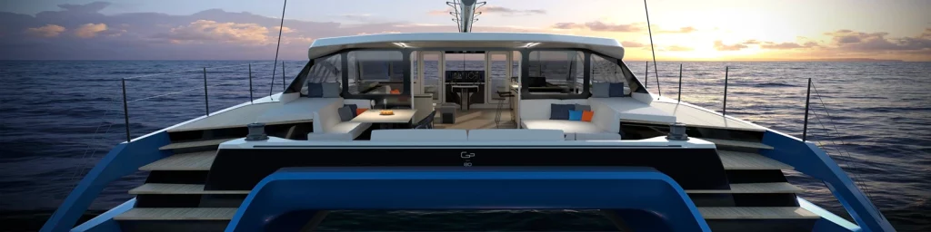 Vue arrière du Gunboat GB80 par EMART Design - catamaran de luxe 80 pieds au design intérieur épuré.