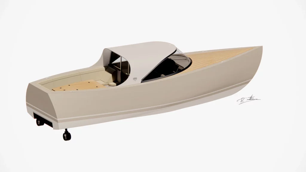 Rendu 3D du Hugin 30ft par R. Castex - bateau nordique élégant au design classique et structure bois certifié.