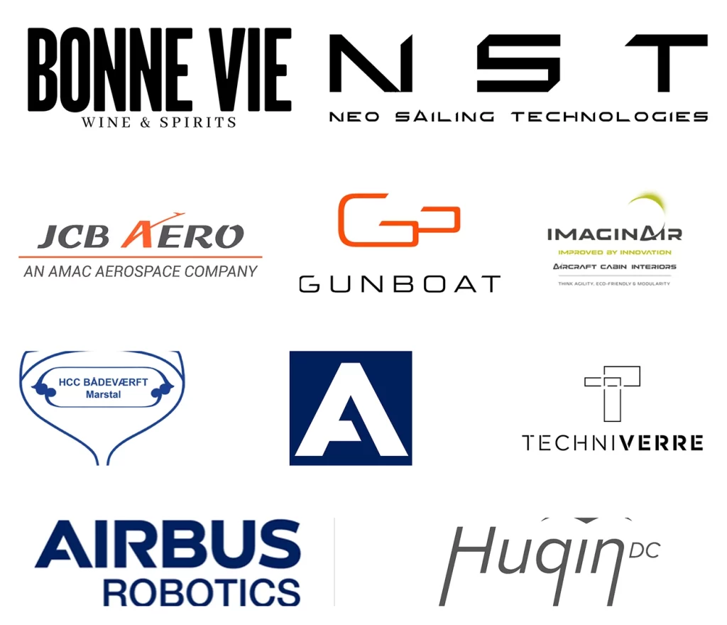 Logotypes clients et partenaires d’Emart Design : Bonne Vie Wine & Spirits, NST Neo Sailing Technologies, JCB Aero, Gunboat, Imaginair, HCC Bådeværft Marstal, Techniverre, Airbus Robotics et Hugin DC.