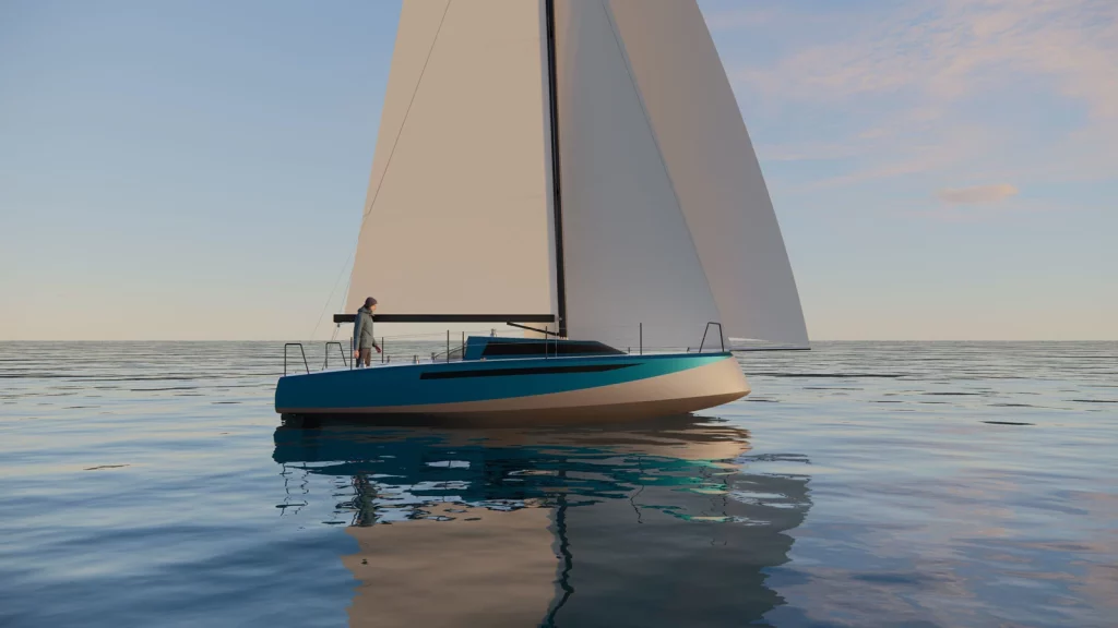 Voilier Concept Classe Imer pour NST Technologies - design durable et silhouette minimaliste naviguant sur mer calme.