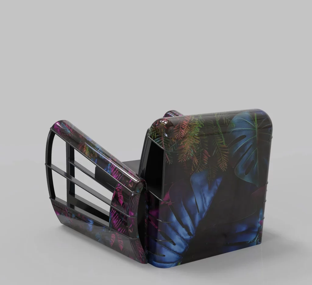 Vue arrière du fauteuil The King imaginé par EMART Design à Auch en 2022 - design tropical et structure métallique moderne.